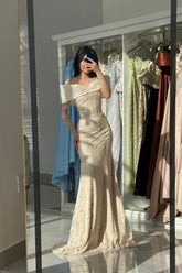 Simple Long Ivory Mermaid Off-The-Shoulder Sleeveless Formal Dress with Appliques