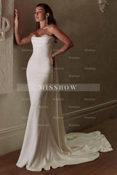 Simple Long Ivory Mermaid Strapless Satin Wedding Dress with Lace