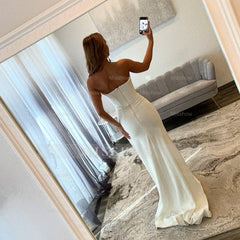 Simple Long Ivory Mermaid V-neck Strapless Prom Dress with Slit