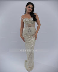 Simple Long Ivory Sweetheart Sleeveless Mermaid Evening Dress with Sequins and Sweep Train
