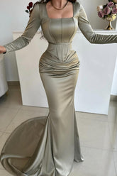 Simple Long Mermaid Square Neck Satin Prom Evening Dresses with Long Sleeves