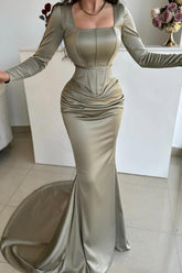 Simple Long Mermaid Square Neck Satin Prom Evening Dresses with Long Sleeves