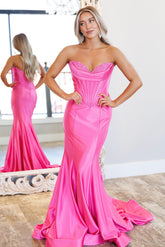 Simple Long Mermaid Strapless Candy Pink Prom Dress with Lace