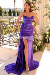 Simple Long Purple Strapless Satin Sexy Prom Evening Dresses with Slit