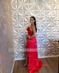 Simple Long Red A-line Satin Sleeveless Floor Length Prom Dress With Slit