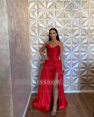 Simple Long Red A-line Satin Sleeveless Floor Length Prom Dress With Slit