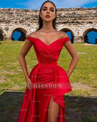 Simple Long Red Off-the-shoulder Split Mermaid Prom Evening Dresses