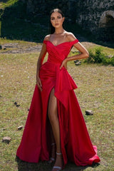 Simple Long Red Off-the-shoulder Split Mermaid Prom Evening Dresses
