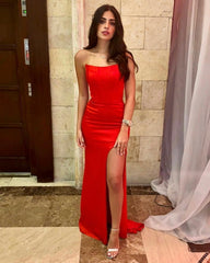 Simple Long Red Sexy Sleeveless Slit Mermaid Prom Evening Dresses