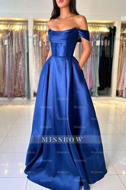 Simple Long Royal Blue Off-the-shoulder A-line Sleeveless Satin Prom Evening Dresses