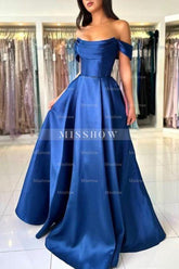 Simple Long Royal Blue Off-the-shoulder A-line Sleeveless Satin Prom Evening Dresses