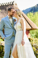 Simple Long White A-line V-neck Sleeveless Tulle Lace Wedding Dress with Slit