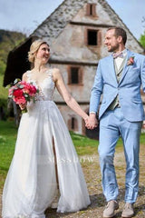 Simple Long White A-line V-neck Sleeveless Tulle Lace Wedding Dress with Slit