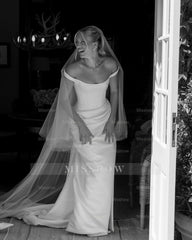 Simple Long White Column Off-the-shoulder Satin Corset Wedding Dress with Slit