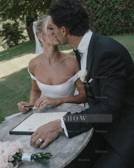 Simple Long White Column Off-the-shoulder Satin Corset Wedding Dress with Slit