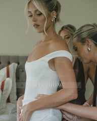 Simple Long White Column Off-the-shoulder Satin Corset Wedding Dress with Slit