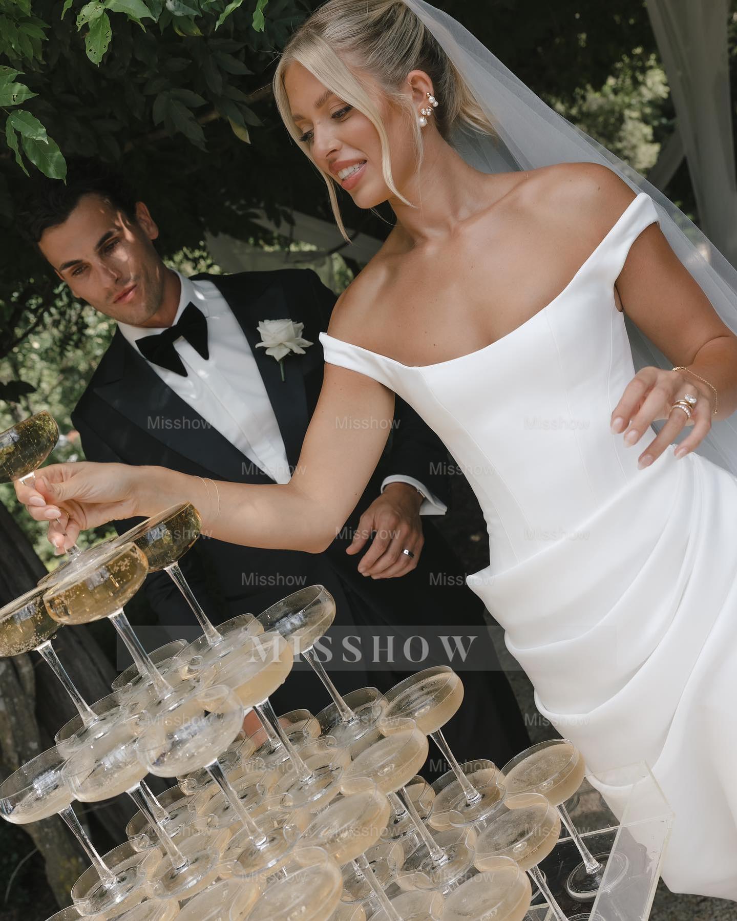 Simple Long White Column Off-the-shoulder Satin Corset Wedding Dress with Slit