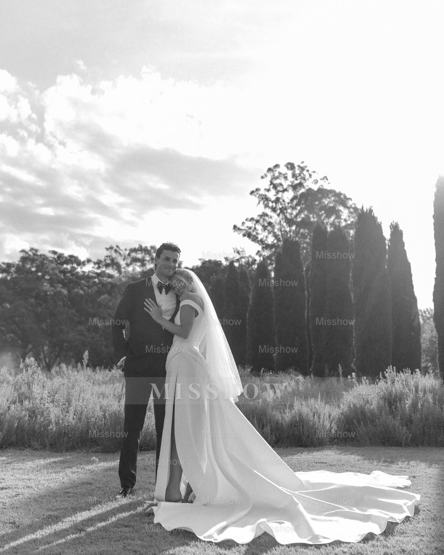 Simple Long White Column Off-the-shoulder Satin Corset Wedding Dress with Slit