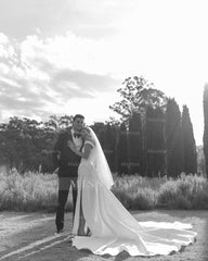 Simple Long White Column Off-the-shoulder Satin Corset Wedding Dress with Slit