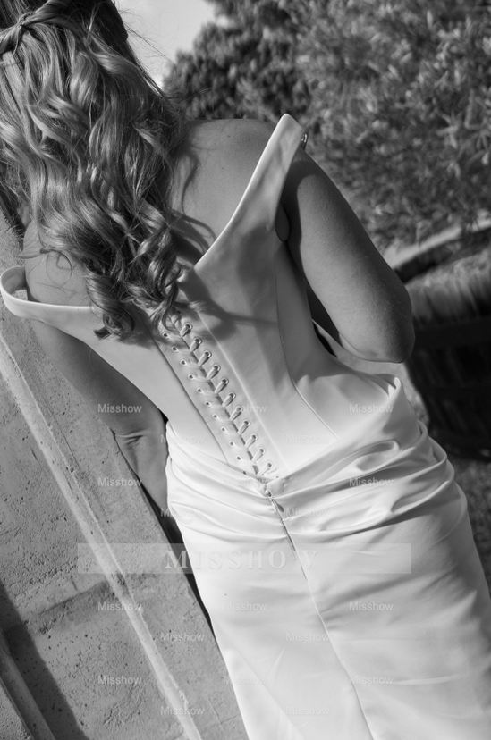 Simple Long White Column Off-the-shoulder Satin Corset Wedding Dress with Slit