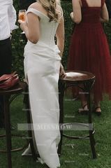 Simple Long White Column Off-the-shoulder Satin Corset Wedding Dress with Slit