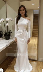 Simple Long White Mermaid Satin Wedding Dress With Long Sleeves