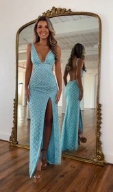 Light blue v-neck front-split mermaid prom dress