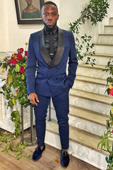 Simple Navy Shawl Lapel Double Breasted Prom Suit