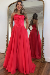 Red strapless bow A-line prom dress