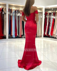 Simple Red Long Off-the-shoulder Slit Mermaid Prom Evening Dresses