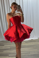 Simple Red Strapless Satin A-Line Corset Short Homecoming Dress
