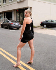 Simple Short Black One Shoulder Long Sleeve Sexy Satin Homecoming Dress