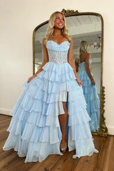 Simple Sky Blue A-Line Sweetheart Sleeveless Prom Dress with Ruffles and Front Split