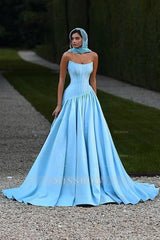 Simple Sky Blue Strapless Sleeveless A-line Evening Dress with Ruffles and Chapel Train