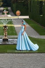 Simple Sky Blue Strapless Sleeveless A-line Evening Dress with Ruffles and Chapel Train