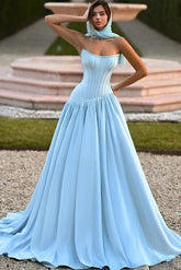 Simple Sky Blue Strapless Sleeveless A-line Evening Dress with Ruffles and Chapel Train