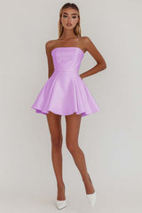 Simple White A Line Strapless Mini Satin Cocktail Dress