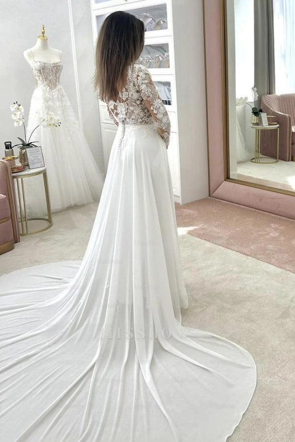 Simple White Crew Long Sleeves A-Line Wedding Dress with Appliques and Chapel Train