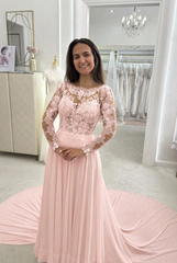 Blushing pink scoop applique a-line wedding dress