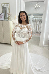 Simple White Crew Long Sleeves A-Line Wedding Dress with Appliques and Chapel Train