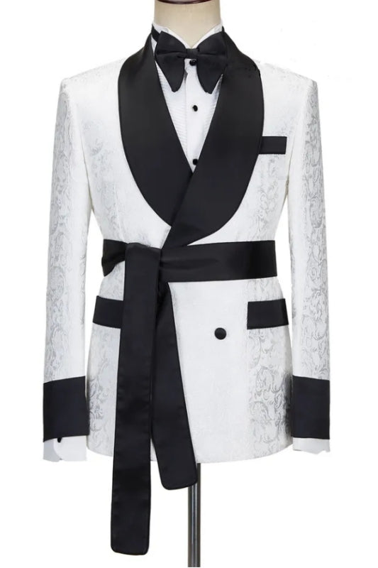 Simple White Double-Breasted Jacquard Suit with Black Shawl Lapel