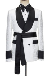 Simple White Double-Breasted Jacquard Suit with Black Shawl Lapel