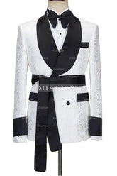 Simple White Double-Breasted Jacquard Suit with Black Shawl Lapel