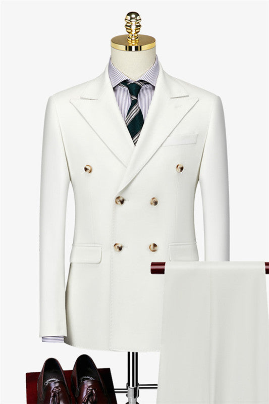 Simple White Double-Breasted Peak Lapel Formal Business Suit