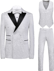 Simple White Jacquard Double-Breasted Three-Piece Prom Suit