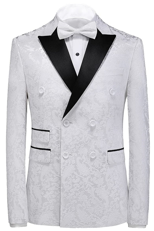 Simple White Jacquard Double-Breasted Three-Piece Prom Suit
