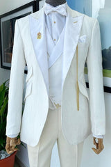 Simple White Jacquard Peaked Lapel Three-Piece Prom Suit