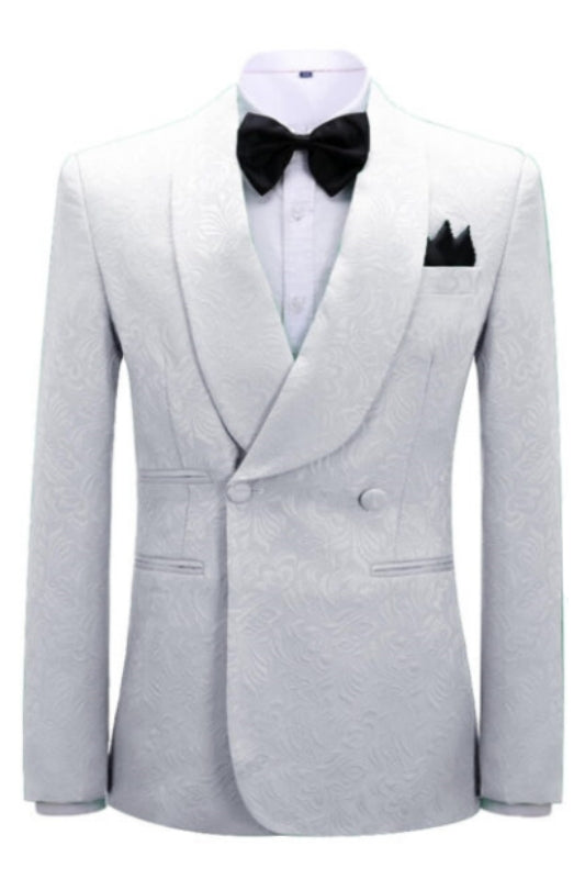 Simple White Jacquard Shawl Collar Double Breasted Groom's Suit