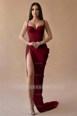 Simple White Spaghetti Strap Sleeveless Pleated Long Formal Dress With Split