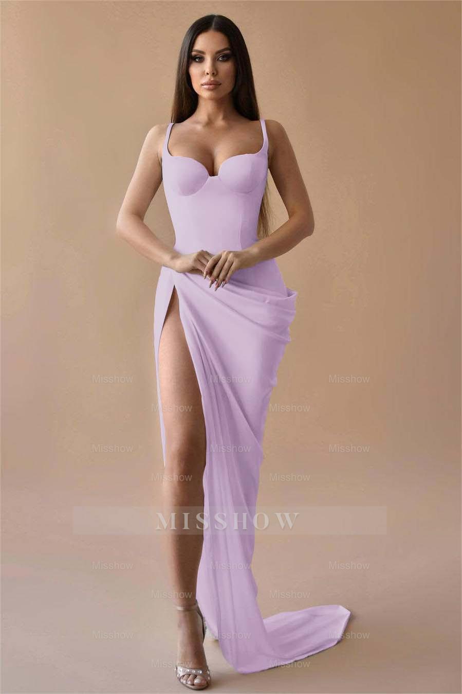 Simple White Spaghetti Strap Sleeveless Pleated Long Formal Dress With Split